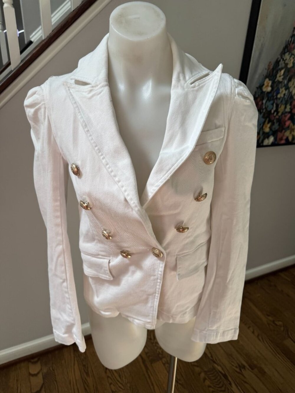 Generation Love White Denim Double Breasted Puff Sleeve Blazer Jacket Size XS